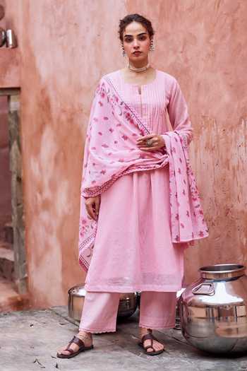 Karaj Jaipur Kurta Set With Floral Pattern Dupatta