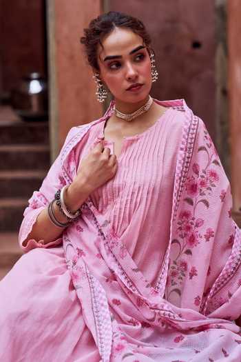 Karaj Jaipur Pink Kota Doria, Cotton Round Neck Kurta Set With Floral Pattern Dupatta at Aza Fashions Karaj Jaipur_Pink Kota Doria, Cotton Round Neck Kurta Set With Floral Pattern Dupatta _at_Aza_Fashions