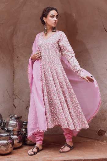 Karaj Jaipur Pink Printed Anarkali Set