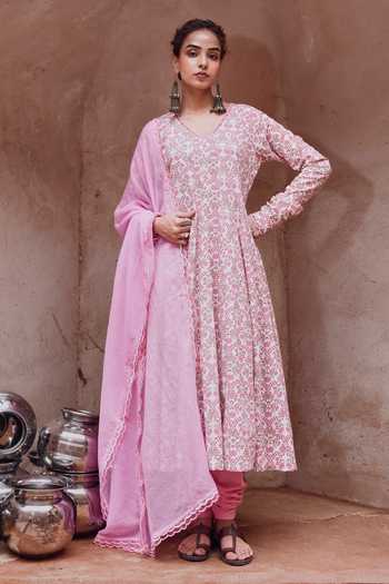 Shop_Karaj Jaipur_Pink Kota Doria, Cotton, Muslin V-neck Printed Anarkali Set _Online_at_Aza_Fashions