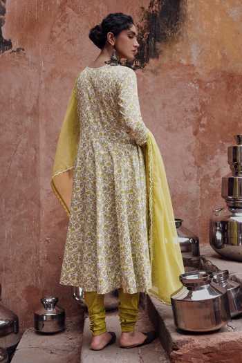 Karaj Jaipur Lime Green Anarkali Set