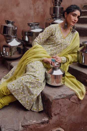Buy Karaj Jaipur Green Cotton, Kota Doria, Muslin (mulmul) V-neck Lime Anarkali Set Online at Aza Fashions Buy_Karaj Jaipur_Green Cotton, Kota Doria, Muslin (mulmul) V-neck Lime Anarkali Set _Online_at_Aza_Fashions