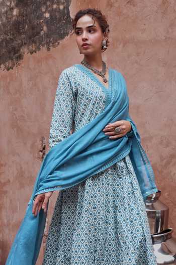 Karaj Jaipur Blue Cotton, Kota Doria V-neck, Yes Floral Pattern Anarkali Set at Aza Fashions Karaj Jaipur_Blue Cotton, Kota Doria V-neck, Yes Floral Pattern Anarkali Set _at_Aza_Fashions