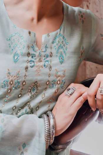 Buy Karaj Jaipur Blue Chanderi, Cotton Notched Neck Powder Embroidered Kurta Set Online at Aza Fashions Buy_Karaj Jaipur_Blue Chanderi, Cotton Notched Neck Powder Embroidered Kurta Set _Online_at_Aza_Fashions
