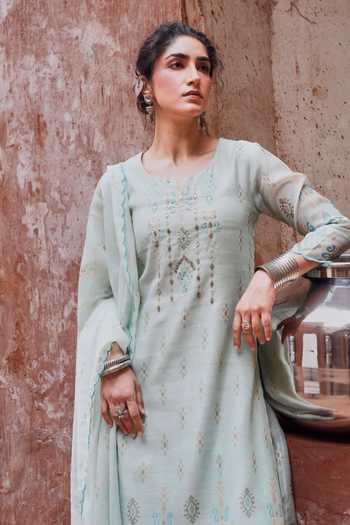 Shop Karaj Jaipur Blue Chanderi, Cotton Notched Neck Powder Embroidered Kurta Set Online at Aza Fashions Shop_Karaj Jaipur_Blue Chanderi, Cotton Notched Neck Powder Embroidered Kurta Set _Online_at_Aza_Fashions