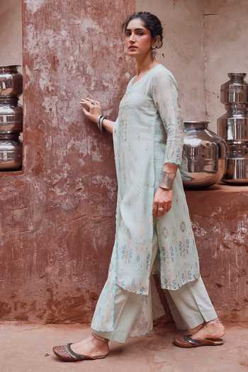 Buy Karaj Jaipur Blue Chanderi, Cotton Notched Neck Powder Embroidered Kurta Set Buy_Karaj Jaipur_Blue Chanderi, Cotton Notched Neck Powder Embroidered Kurta Set