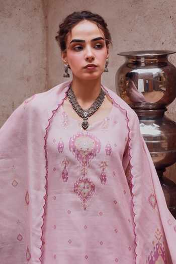 Shop Karaj Jaipur Pink Cotton, Chanderi V-neck Embroidered Kurta Set Online at Aza Fashions Shop_Karaj Jaipur_Pink Cotton, Chanderi V-neck Embroidered Kurta Set _Online_at_Aza_Fashions