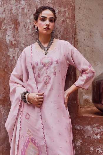 Buy Karaj Jaipur Pink Cotton, Chanderi V-neck Embroidered Kurta Set Buy_Karaj Jaipur_Pink Cotton, Chanderi V-neck Embroidered Kurta Set