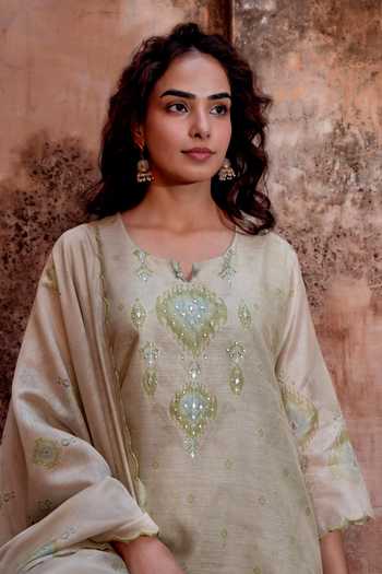 Buy Karaj Jaipur Green Cotton, Chanderi, Muslin (mulmul) Scoop Neck, Pista Embroidered Kurta Set Online at Aza Fashions Buy_Karaj Jaipur_Green Cotton, Chanderi, Muslin (mulmul) Scoop Neck, Pista Embroidered Kurta Set _Online_at_Aza_Fashions
