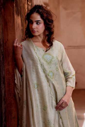Shop Karaj Jaipur Green Cotton, Chanderi, Muslin (mulmul) Scoop Neck, Pista Embroidered Kurta Set Online at Aza Fashions Shop_Karaj Jaipur_Green Cotton, Chanderi, Muslin (mulmul) Scoop Neck, Pista Embroidered Kurta Set _Online_at_Aza_Fashions