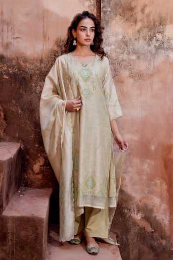 Karaj Jaipur Pista Green Embroidered Kurta Set