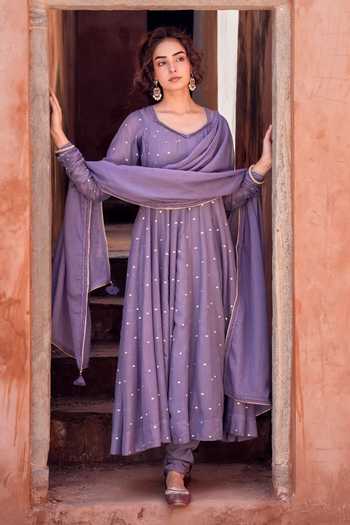 Buy Karaj Jaipur Purple Kota Doria, Cotton, Muslin Scoop Neck Violet Mulmul Anarkali Set Buy_Karaj Jaipur_Purple Kota Doria, Cotton, Muslin Scoop Neck Violet Mulmul Anarkali Set