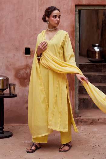 Shop_Karaj Jaipur_Yellow Cotton, Kota Doria V-neck, Yes Lace Work Kurta Set _Online_at_Aza_Fashions