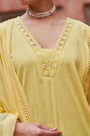 Karaj Jaipur_Yellow Cotton, Kota Doria V-neck, Yes Lace Work Kurta Set _at_Aza_Fashions