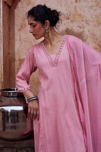 Buy_Karaj Jaipur_Pink Cotton, Kota Doria V-neck, Yes Lace Work Kurta Set _Online_at_Aza_Fashions