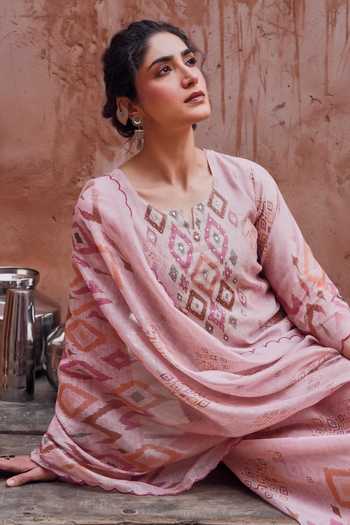 Buy Karaj Jaipur Pink Cotton, Chanderi, Muslin (mulmul) Round Neck Embroidered Kurta Set Online at Aza Fashions Buy_Karaj Jaipur_Pink Cotton, Chanderi, Muslin (mulmul) Round Neck Embroidered Kurta Set _Online_at_Aza_Fashions