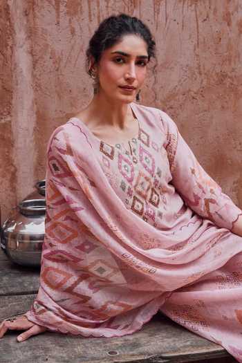 Shop Karaj Jaipur Pink Cotton, Chanderi, Muslin (mulmul) Round Neck Embroidered Kurta Set Online at Aza Fashions Shop_Karaj Jaipur_Pink Cotton, Chanderi, Muslin (mulmul) Round Neck Embroidered Kurta Set _Online_at_Aza_Fashions