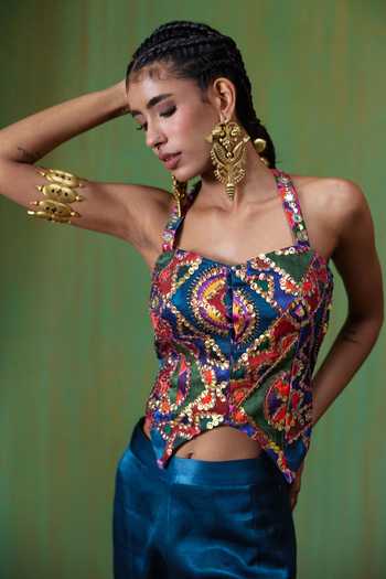Payal & Zinal_Multi Color Halter Neck Juhi Embroidered Top And Pant Set _Online_at_Aza_Fashions