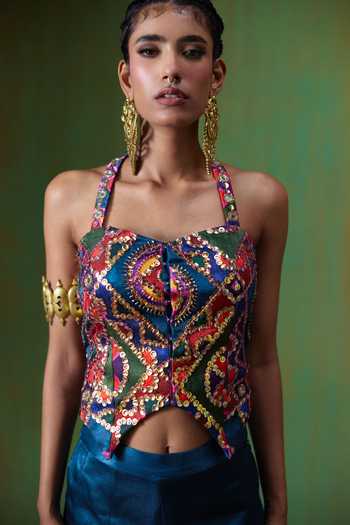 Buy_Payal & Zinal_Multi Color Halter Neck Juhi Embroidered Top And Pant Set _Online_at_Aza_Fashions