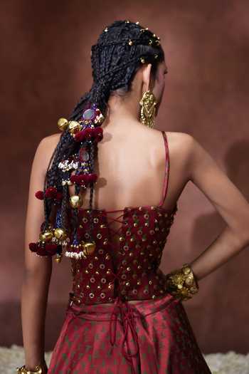 Payal & Zinal Maroon Sweetheart Neck Mehnaaz Block Print Corset And Lehenga Set Online at Aza Fashions Payal & Zinal_Maroon Sweetheart Neck Mehnaaz Block Print Corset And Lehenga Set _Online_at_Aza_Fashions