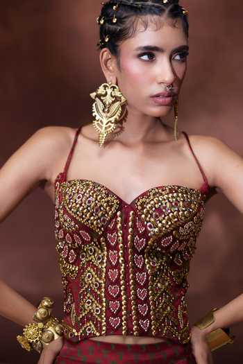 Shop Payal & Zinal Maroon Sweetheart Neck Mehnaaz Block Print Corset And Lehenga Set Online at Aza Fashions Shop_Payal & Zinal_Maroon Sweetheart Neck Mehnaaz Block Print Corset And Lehenga Set _Online_at_Aza_Fashions