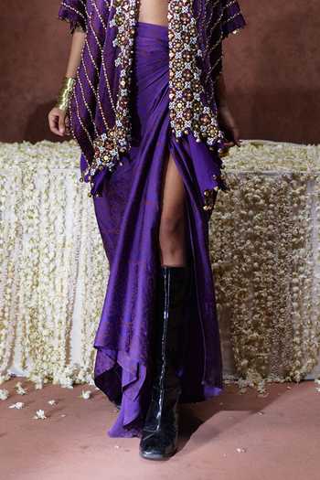 Payal & Zinal Purple Satin, Modal Bandeau Neck Nagma Embellished Cape Skirt Set Online at Aza Fashions Payal & Zinal_Purple Satin, Modal Bandeau Neck Nagma Embellished Cape Skirt Set _Online_at_Aza_Fashions
