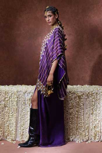 Buy Payal & Zinal Purple Satin, Modal Bandeau Neck Nagma Embellished Cape Skirt Set Online at Aza Fashions Buy_Payal & Zinal_Purple Satin, Modal Bandeau Neck Nagma Embellished Cape Skirt Set _Online_at_Aza_Fashions