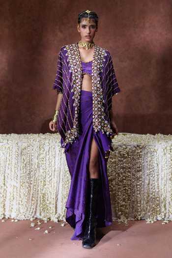 Shop Payal & Zinal Purple Satin, Modal Bandeau Neck Nagma Embellished Cape Skirt Set Online at Aza Fashions Shop_Payal & Zinal_Purple Satin, Modal Bandeau Neck Nagma Embellished Cape Skirt Set _Online_at_Aza_Fashions