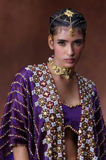 Payal & Zinal Purple Satin, Modal Bandeau Neck Nagma Embellished Cape Skirt Set at Aza Fashions Payal & Zinal_Purple Satin, Modal Bandeau Neck Nagma Embellished Cape Skirt Set _at_Aza_Fashions