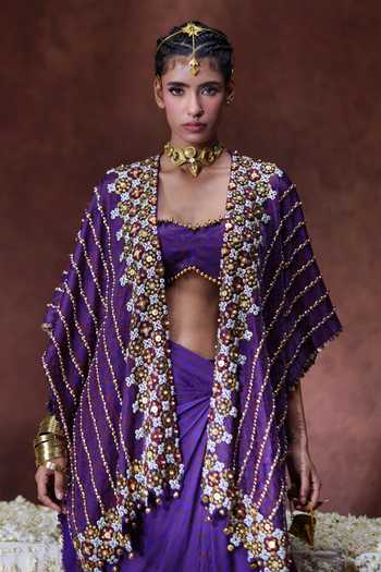 Buy Payal & Zinal Purple Satin, Modal Bandeau Neck Nagma Embellished Cape Skirt Set Buy_Payal & Zinal_Purple Satin, Modal Bandeau Neck Nagma Embellished Cape Skirt Set