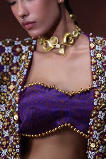 Shop Payal & Zinal Purple Satin, Modal Bandeau Neck Nagma Embellished Cape Skirt Set Shop_Payal & Zinal_Purple Satin, Modal Bandeau Neck Nagma Embellished Cape Skirt Set