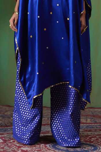 Payal & Zinal Blue Brocade Plunge Neck Perzeen Coin Embellished Kaftan Set Online at Aza Fashions Payal & Zinal_Blue Brocade Plunge Neck Perzeen Coin Embellished Kaftan Set _Online_at_Aza_Fashions