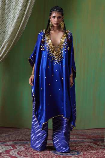 Buy Payal & Zinal Blue Brocade Plunge Neck Perzeen Coin Embellished Kaftan Set Online at Aza Fashions Buy_Payal & Zinal_Blue Brocade Plunge Neck Perzeen Coin Embellished Kaftan Set _Online_at_Aza_Fashions