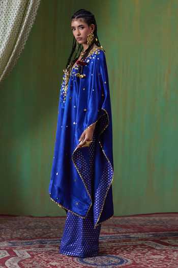 Shop Payal & Zinal Blue Brocade Plunge Neck Perzeen Coin Embellished Kaftan Set Online at Aza Fashions Shop_Payal & Zinal_Blue Brocade Plunge Neck Perzeen Coin Embellished Kaftan Set _Online_at_Aza_Fashions
