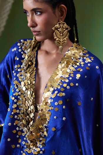 Payal & Zinal Blue Brocade Plunge Neck Perzeen Coin Embellished Kaftan Set at Aza Fashions Payal & Zinal_Blue Brocade Plunge Neck Perzeen Coin Embellished Kaftan Set _at_Aza_Fashions