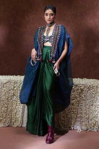 Payal & Zinal Olive Green Satin, Modal, Organza Sweetheart Zoya Block Print Kaftan Skirt Set Online at Aza Fashions Payal & Zinal_Olive Green Satin, Modal, Organza Sweetheart Zoya Block Print Kaftan Skirt Set _Online_at_Aza_Fashions