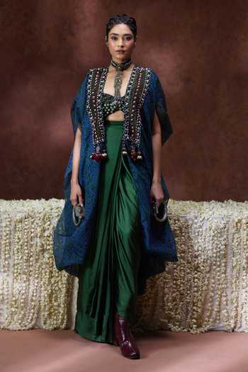 Buy Payal & Zinal Olive Green Satin, Modal, Organza Sweetheart Zoya Block Print Kaftan Skirt Set Online at Aza Fashions Buy_Payal & Zinal_Olive Green Satin, Modal, Organza Sweetheart Zoya Block Print Kaftan Skirt Set _Online_at_Aza_Fashions
