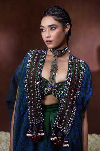 Shop Payal & Zinal Olive Green Satin, Modal, Organza Sweetheart Zoya Block Print Kaftan Skirt Set Online at Aza Fashions Shop_Payal & Zinal_Olive Green Satin, Modal, Organza Sweetheart Zoya Block Print Kaftan Skirt Set _Online_at_Aza_Fashions