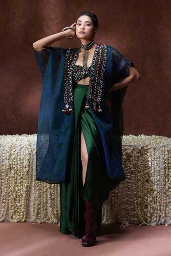 Payal & Zinal Olive Green Satin, Modal, Organza Sweetheart Zoya Block Print Kaftan Skirt Set at Aza Fashions Payal & Zinal_Olive Green Satin, Modal, Organza Sweetheart Zoya Block Print Kaftan Skirt Set _at_Aza_Fashions
