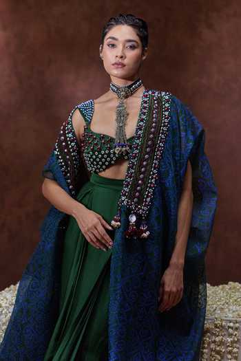 Buy Payal & Zinal Olive Green Satin, Modal, Organza Sweetheart Zoya Block Print Kaftan Skirt Set Buy_Payal & Zinal_Olive Green Satin, Modal, Organza Sweetheart Zoya Block Print Kaftan Skirt Set
