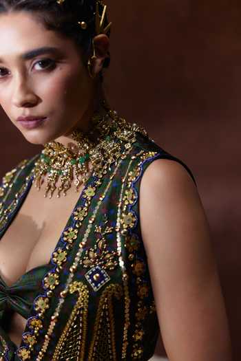 Payal & Zinal_Olive Green Organza Sequins Plunge Kaashi Coin Embellished Jacket Palazzo Set _Online_at_Aza_Fashions