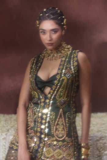 Buy_Payal & Zinal_Olive Green Organza Sequins Plunge Kaashi Coin Embellished Jacket Palazzo Set _Online_at_Aza_Fashions