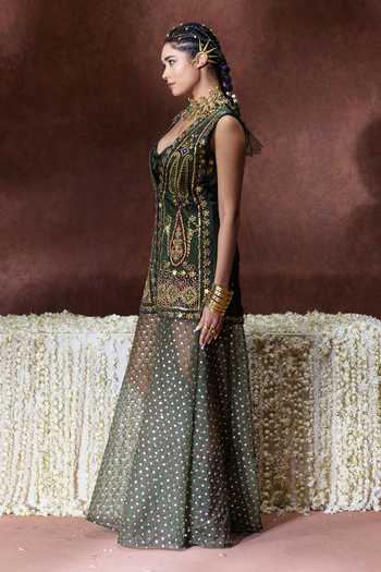 Shop_Payal & Zinal_Olive Green Organza Sequins Plunge Kaashi Coin Embellished Jacket Palazzo Set _Online_at_Aza_Fashions
