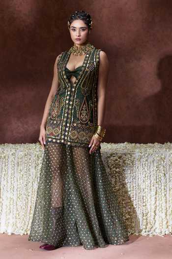 Payal & Zinal_Olive Green Organza Sequins Plunge Kaashi Coin Embellished Jacket Palazzo Set _at_Aza_Fashions