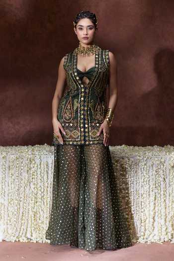 Buy_Payal & Zinal_Olive Green Organza Sequins Plunge Kaashi Coin Embellished Jacket Palazzo Set 