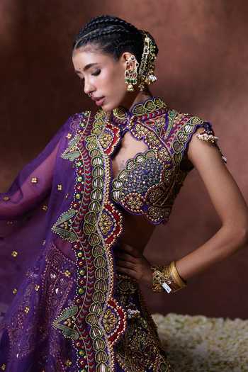 Payal & Zinal Purple Organza Sweetheart Neck Padmini Handwork Embroidered Lehenga Set Online at Aza Fashions Payal & Zinal_Purple Organza Sweetheart Neck Padmini Handwork Embroidered Lehenga Set _Online_at_Aza_Fashions