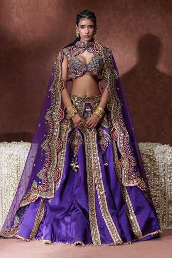 Shop Payal & Zinal Purple Organza Sweetheart Neck Padmini Handwork Embroidered Lehenga Set Online at Aza Fashions Shop_Payal & Zinal_Purple Organza Sweetheart Neck Padmini Handwork Embroidered Lehenga Set _Online_at_Aza_Fashions