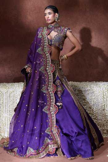 Buy Payal & Zinal Purple Organza Sweetheart Neck Padmini Handwork Embroidered Lehenga Set Buy_Payal & Zinal_Purple Organza Sweetheart Neck Padmini Handwork Embroidered Lehenga Set