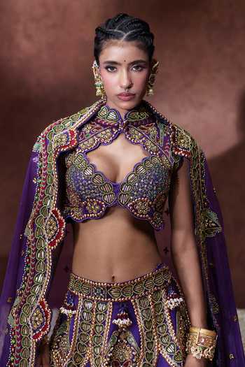 Shop Payal & Zinal Purple Organza Sweetheart Neck Padmini Handwork Embroidered Lehenga Set Shop_Payal & Zinal_Purple Organza Sweetheart Neck Padmini Handwork Embroidered Lehenga Set