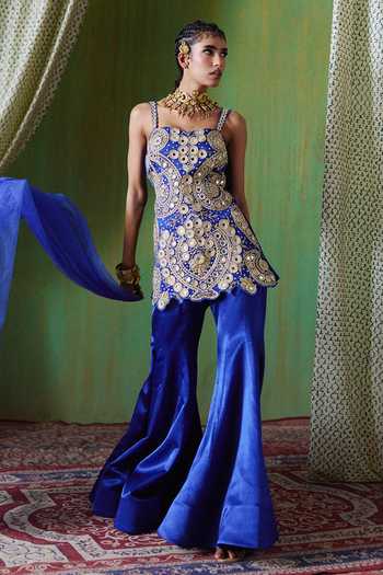 Buy_Payal & Zinal_Blue Sweetheart Neck Roohani Mirror Work Top And Sharara Set _Online_at_Aza_Fashions